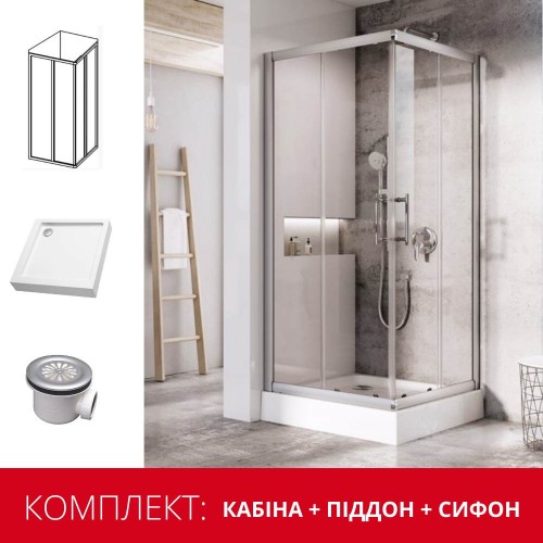 Душевая кабина Ravak XP3RV2-90 (поддон Modena 90 ST + сифон Basic 90) пол.алюминий/transparent (комплект)